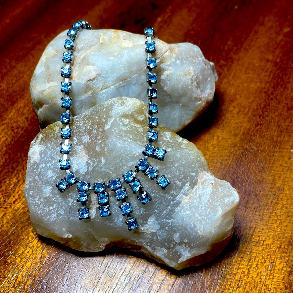 Blue Square Rhinestones Necklace Vintage